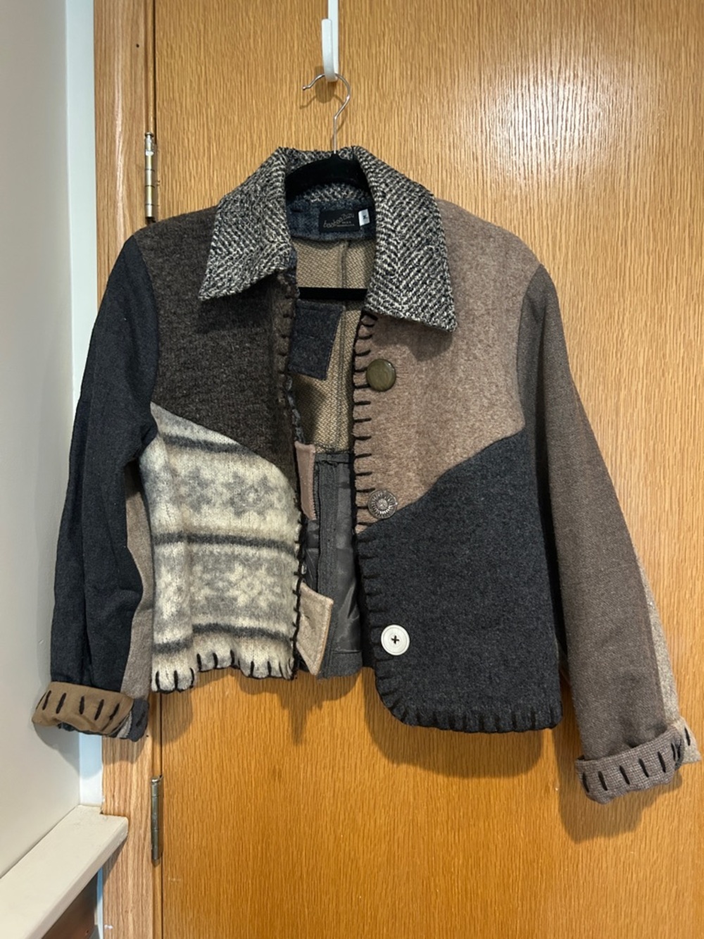 Patchwork Wool Jacket in Brown & Gray - baabaa Zuzu - Picture 1 of 7